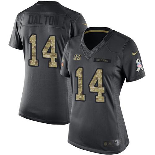 Nike Bengals #14 Andy Dalton Black Women's Stitched NFL Limited 2016 Salute to Service Jersey